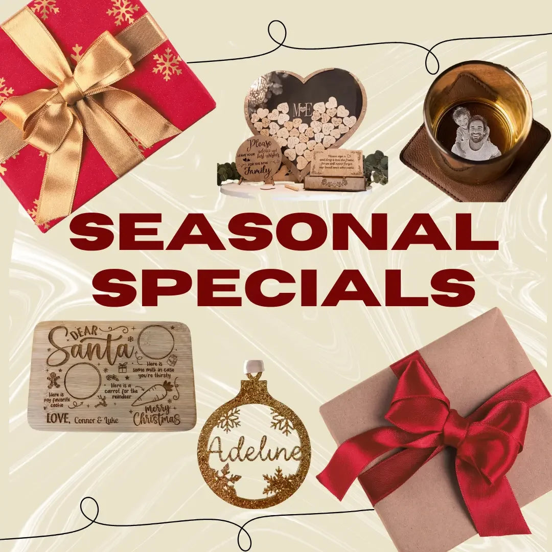 Seasonal specials banner with gift boxes, personalized ornaments, and festive Christmas decor.
