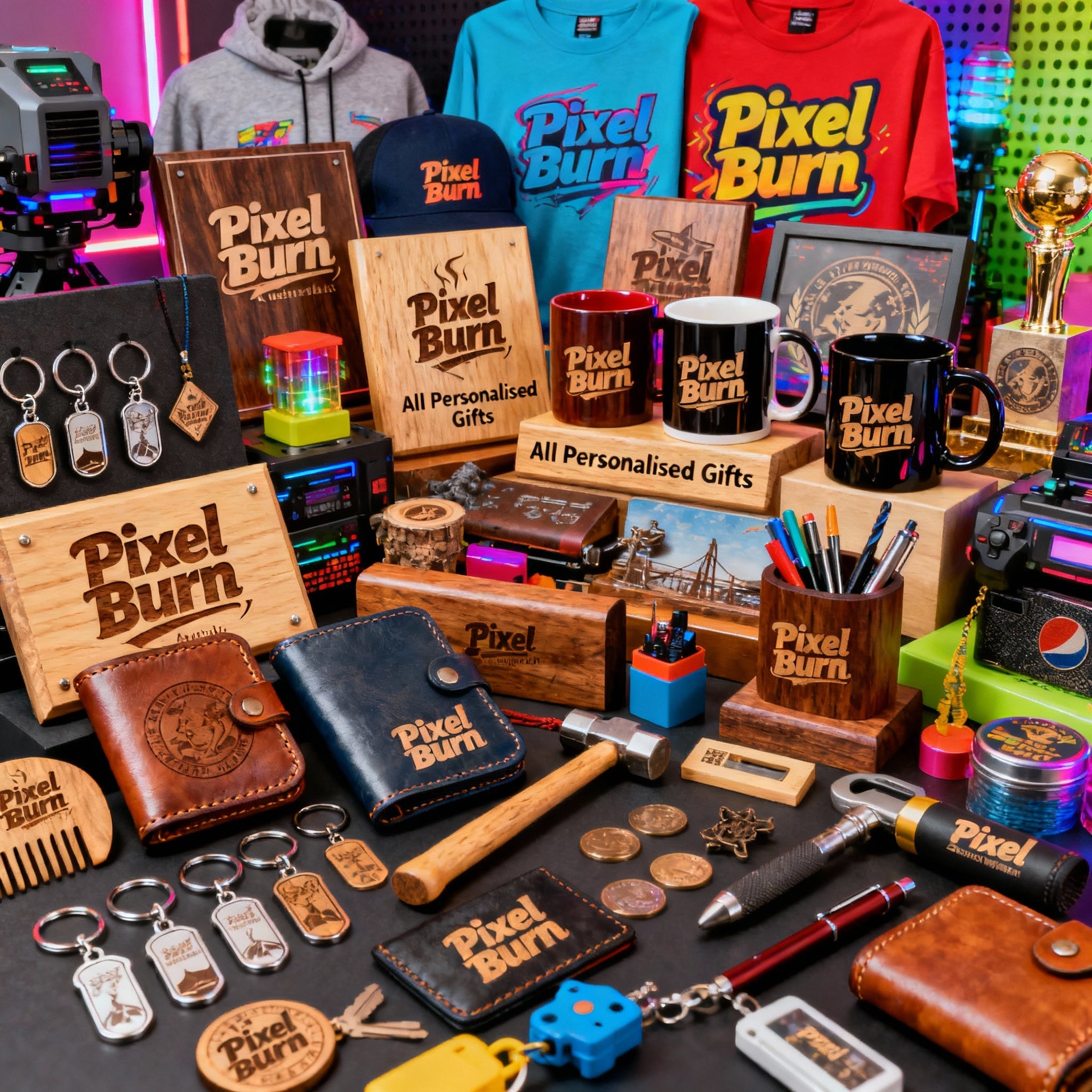 Pixel Burn logo with a laser engraver graphic and text custom laser creations on a dark background