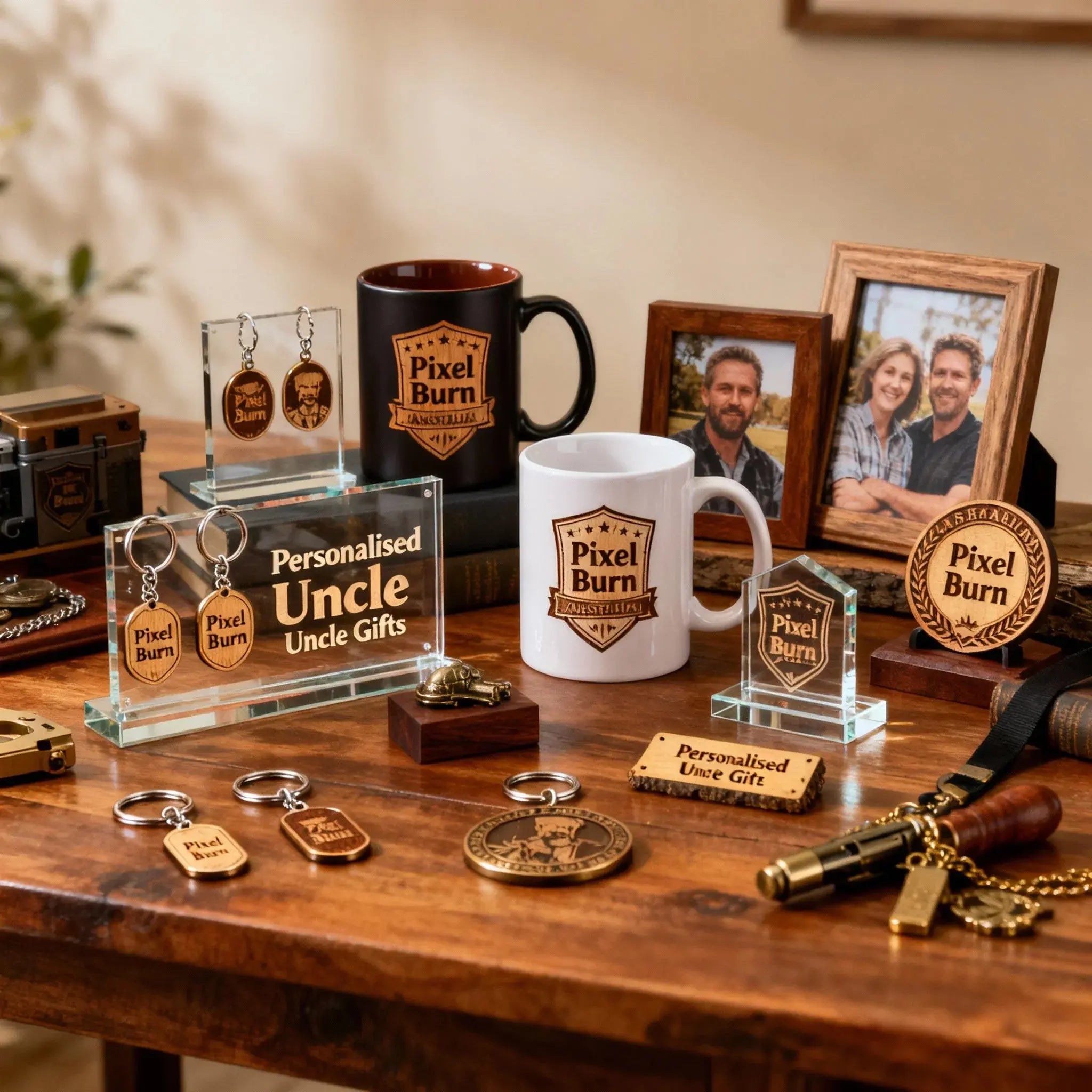 Personalized uncle gifts including mugs, keychains, plaques, and photo frames on wooden desk.