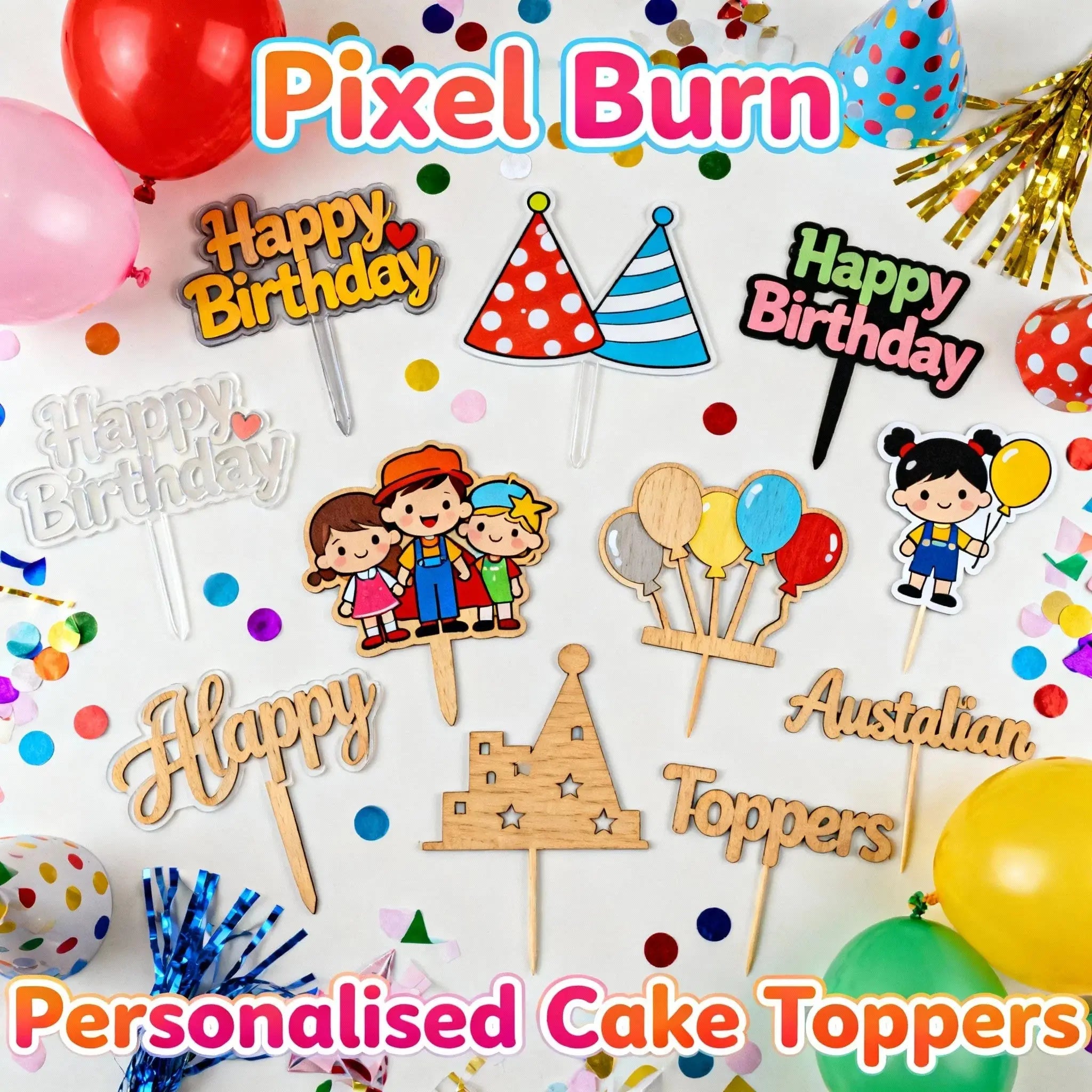 Colorful personalised birthday cake toppers with cartoon kids, balloons, confetti, and party hats