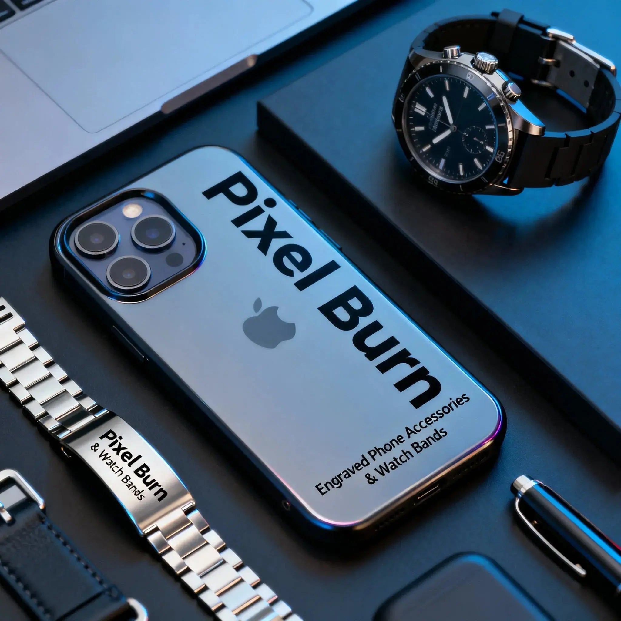 Engraved phone with Pixel Burn branding, metal watch bands, watch, and tech accessories on desk