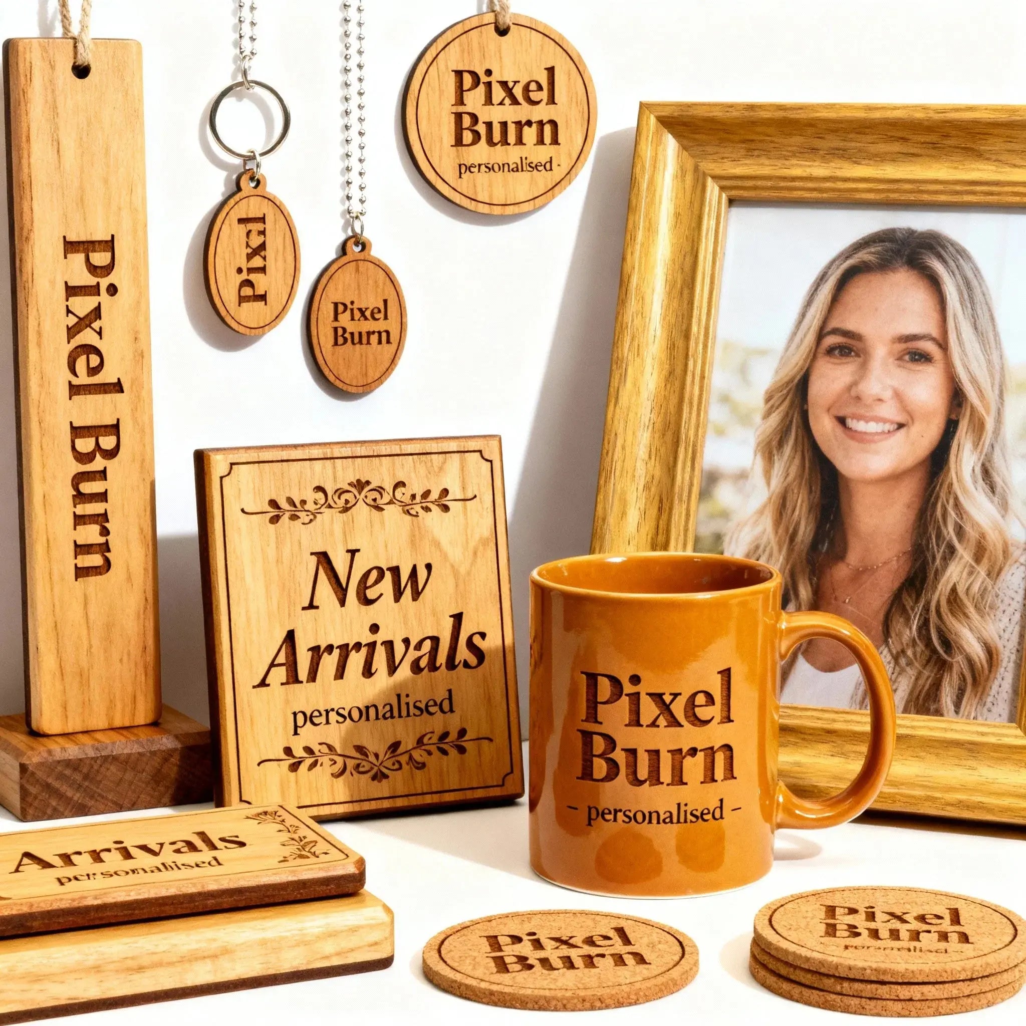 Personalised wooden gifts and a mug with Pixel Burn branding, plus a framed portrait photo.