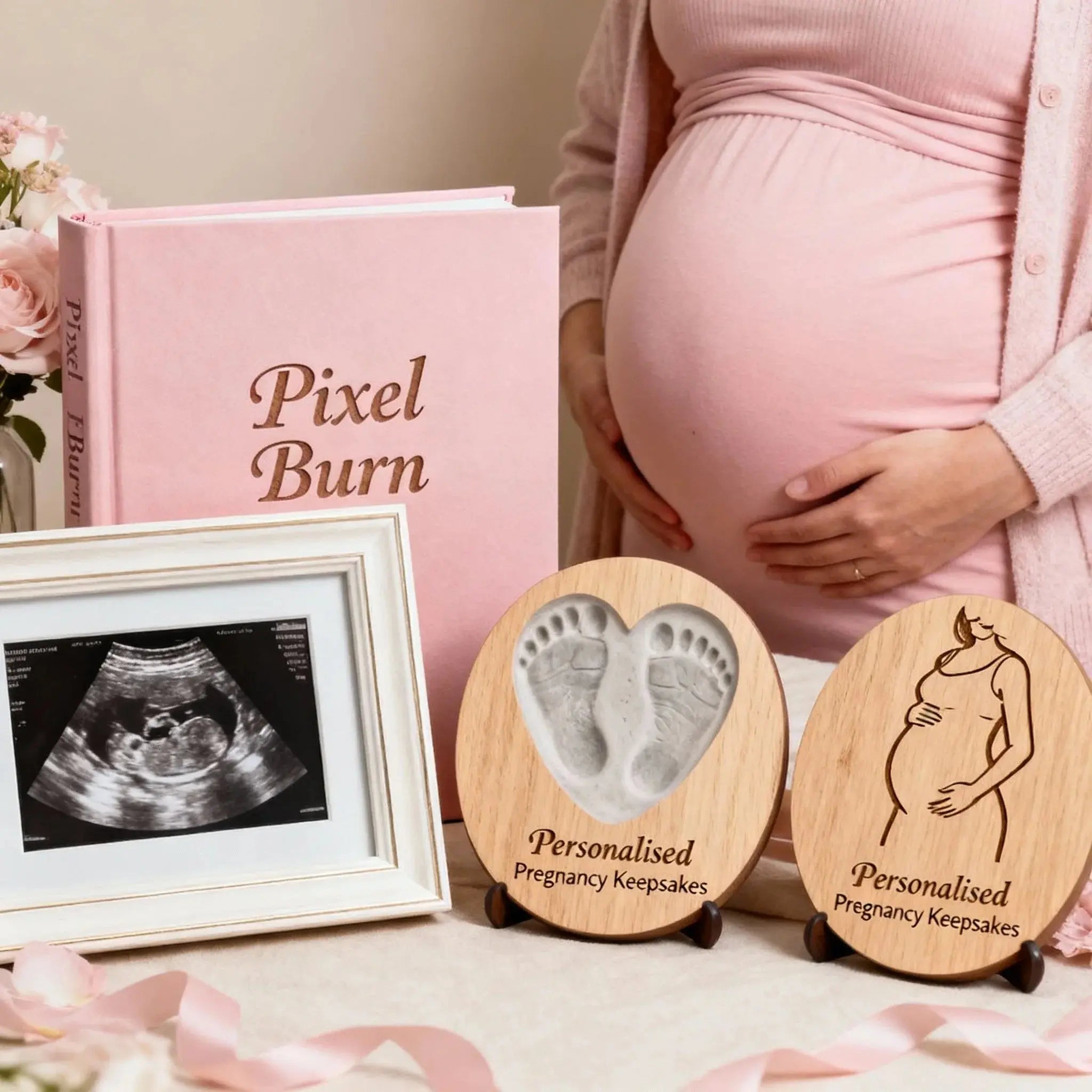 Pregnant woman in pink with ultrasound, personalised pregnancy keepsakes, and baby book.