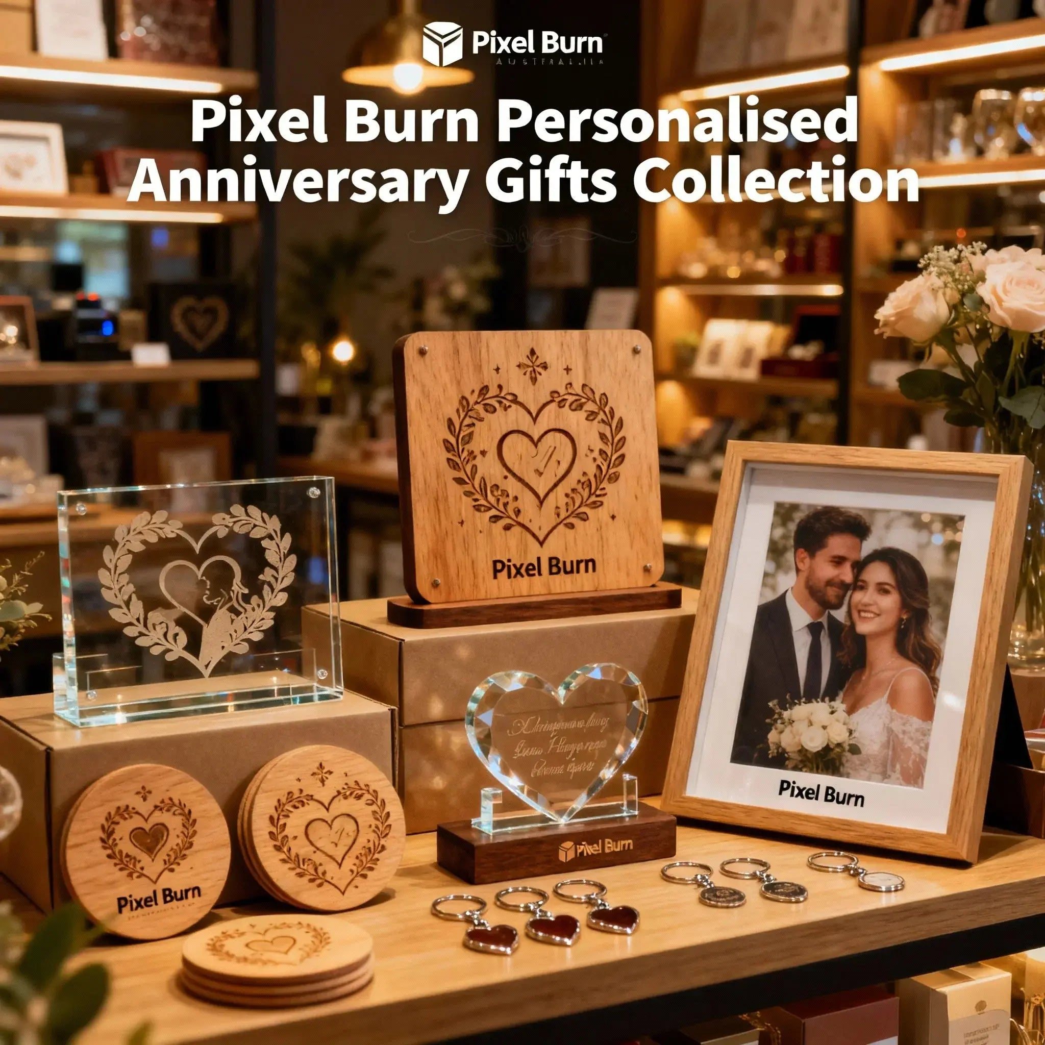 Pixel Burn personalised anniversary gifts collection with custom wood plaques, photo frame, keyrings, and engraved crystal decor displayed on a shelf.