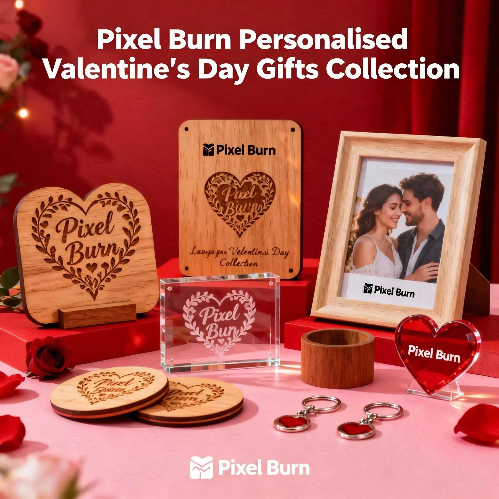 Pixel Burn personalised Valentine's Day gifts collection with engraved wood, acrylic, heart keychains, and photo frame on red background.