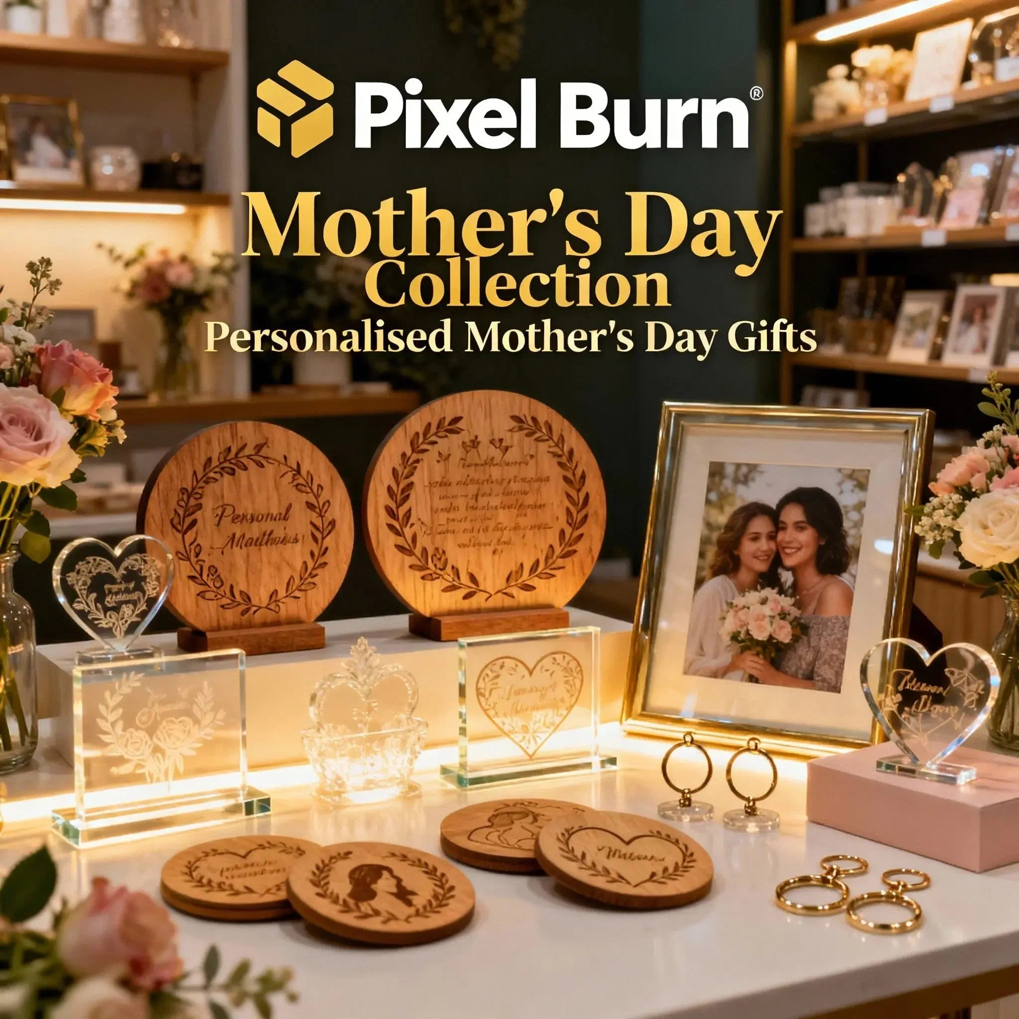 Personalized Mother's Day gifts display with engraved wood, glass plaques, flowers, framed photo