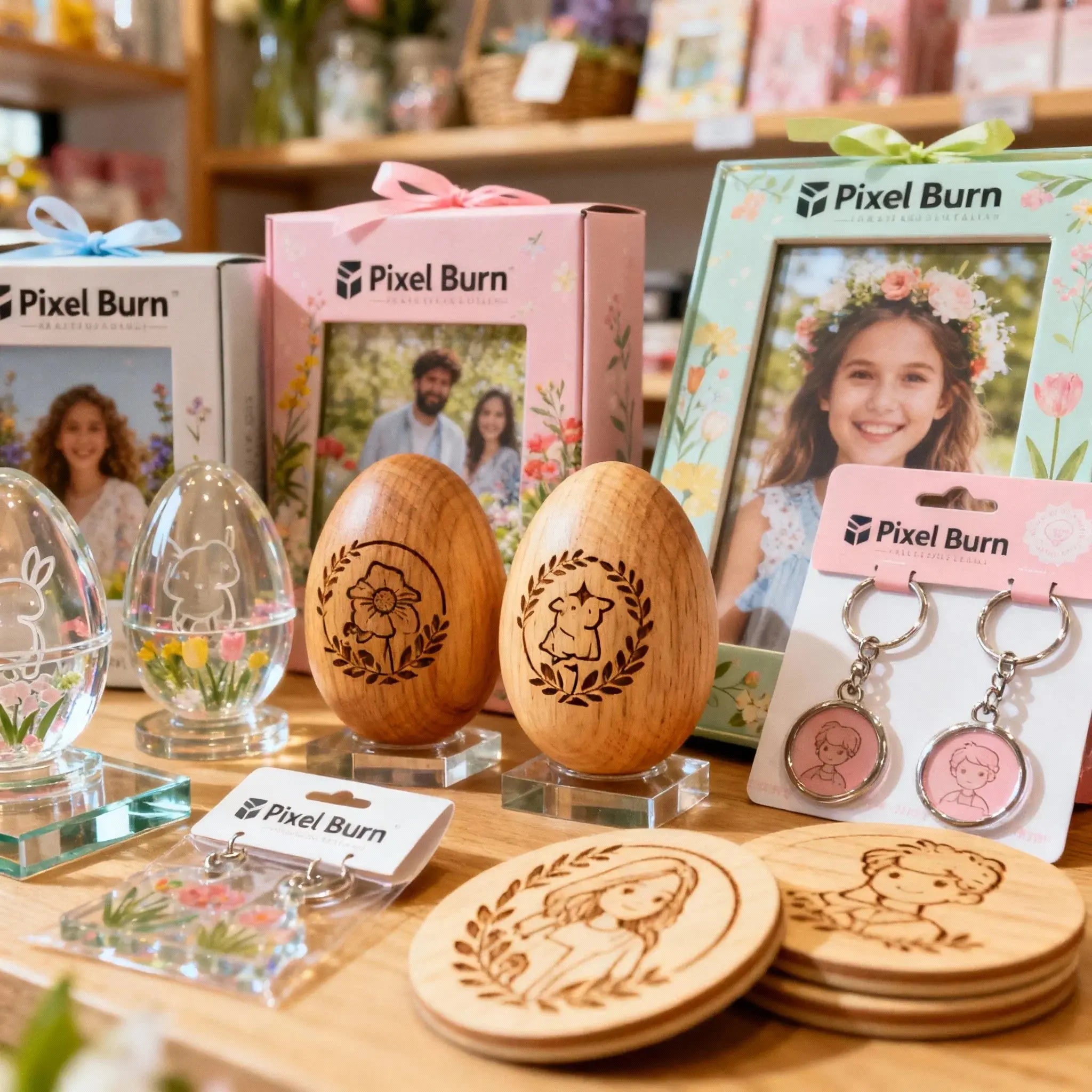 Pixel Burn wooden decor, engraved eggs, photo frames, and keychains on a gift shop display