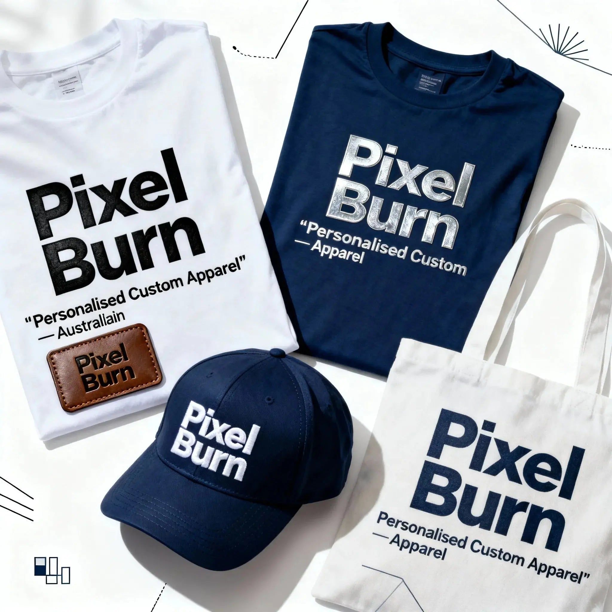 Pixel Burn custom apparel white and navy t-shirts, cap, and tote bag flat lay