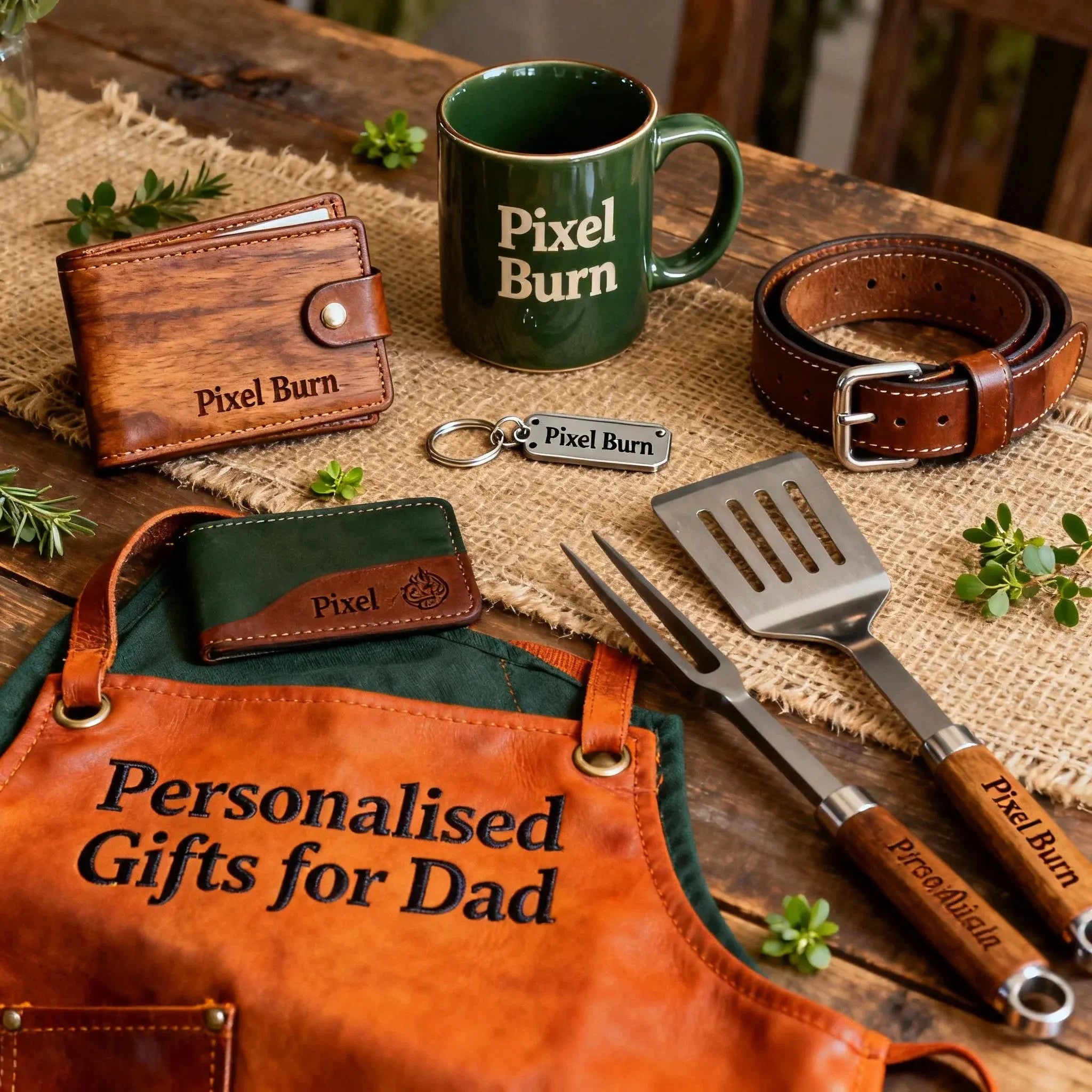 Personalised gifts for dad including leather wallet, belt, mug, apron, BBQ tools, and keychain