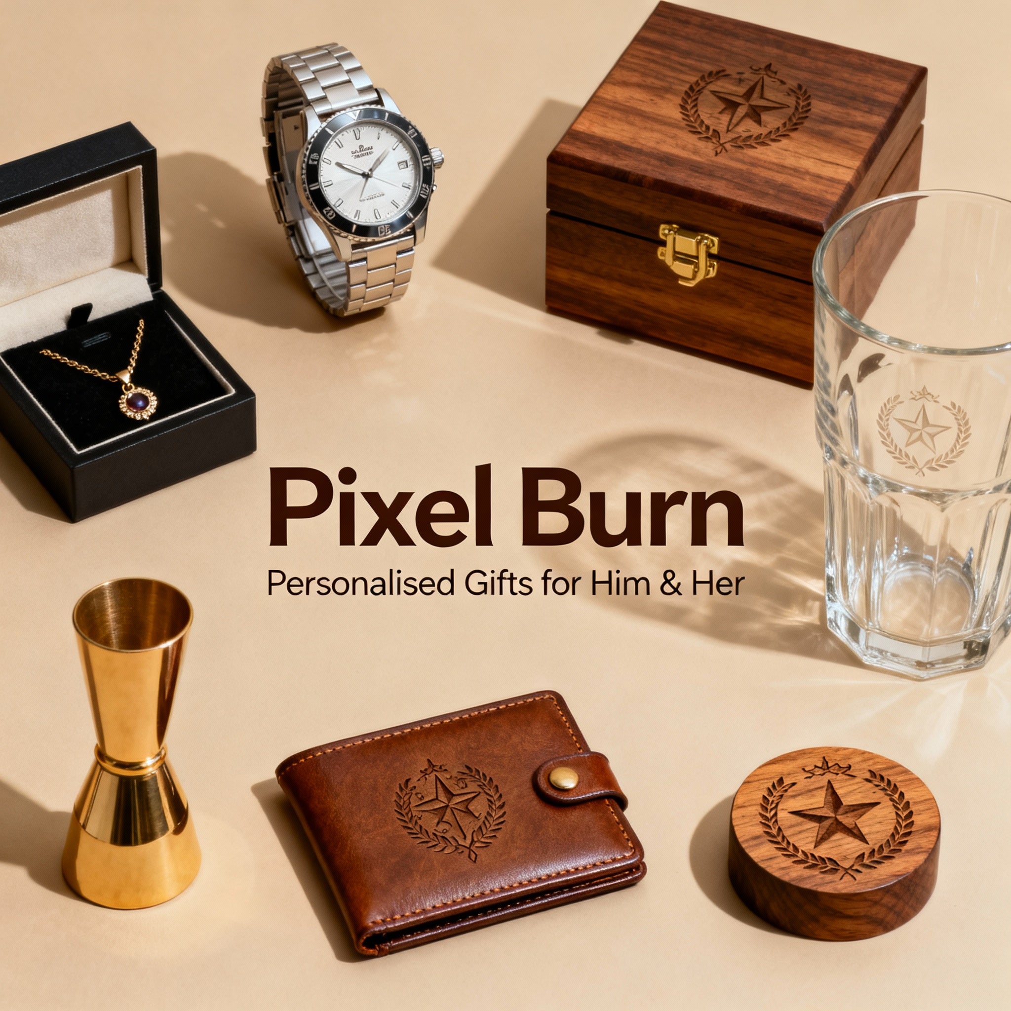 Wooden engraved effect background with floral design, 'Gifts for Him & Her' text, Pixel Burn logo