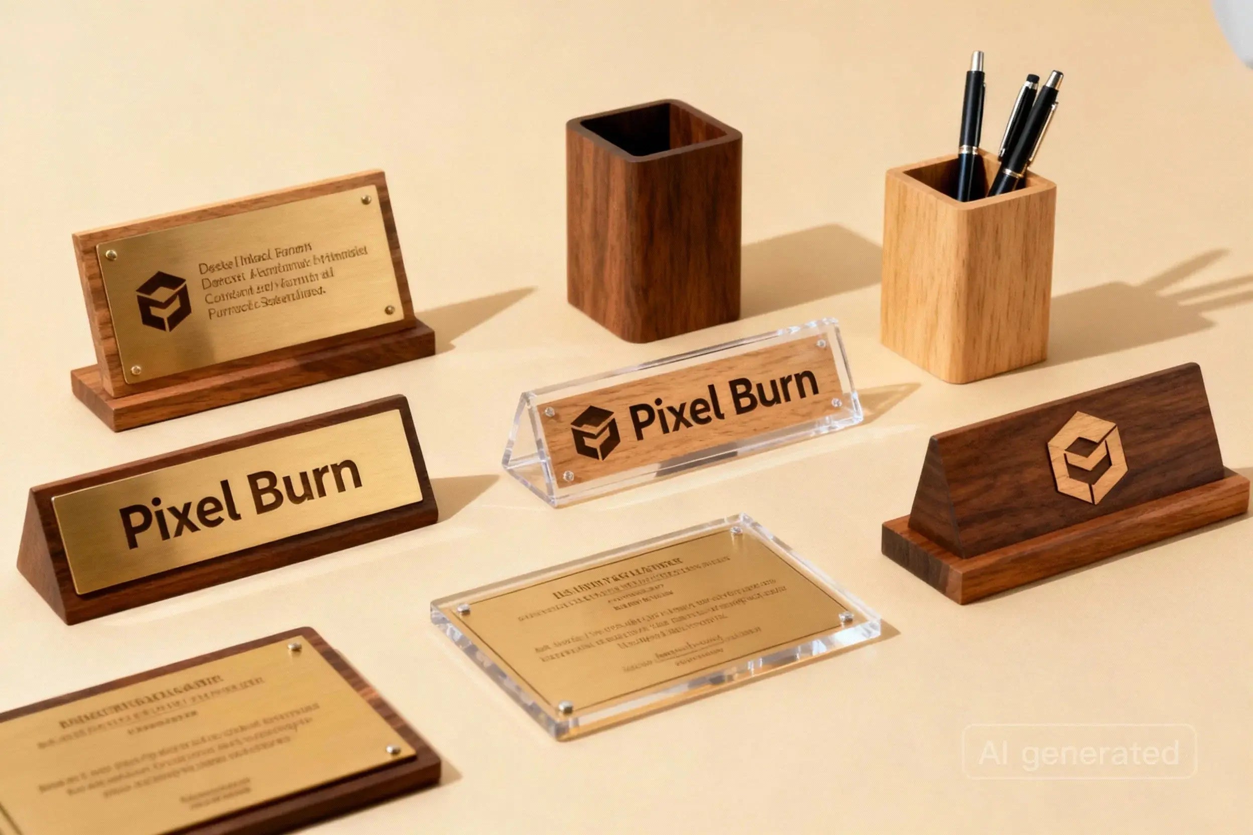 Wooden office decor set with engraved name plates, pen holders, and plaques on a beige desk.