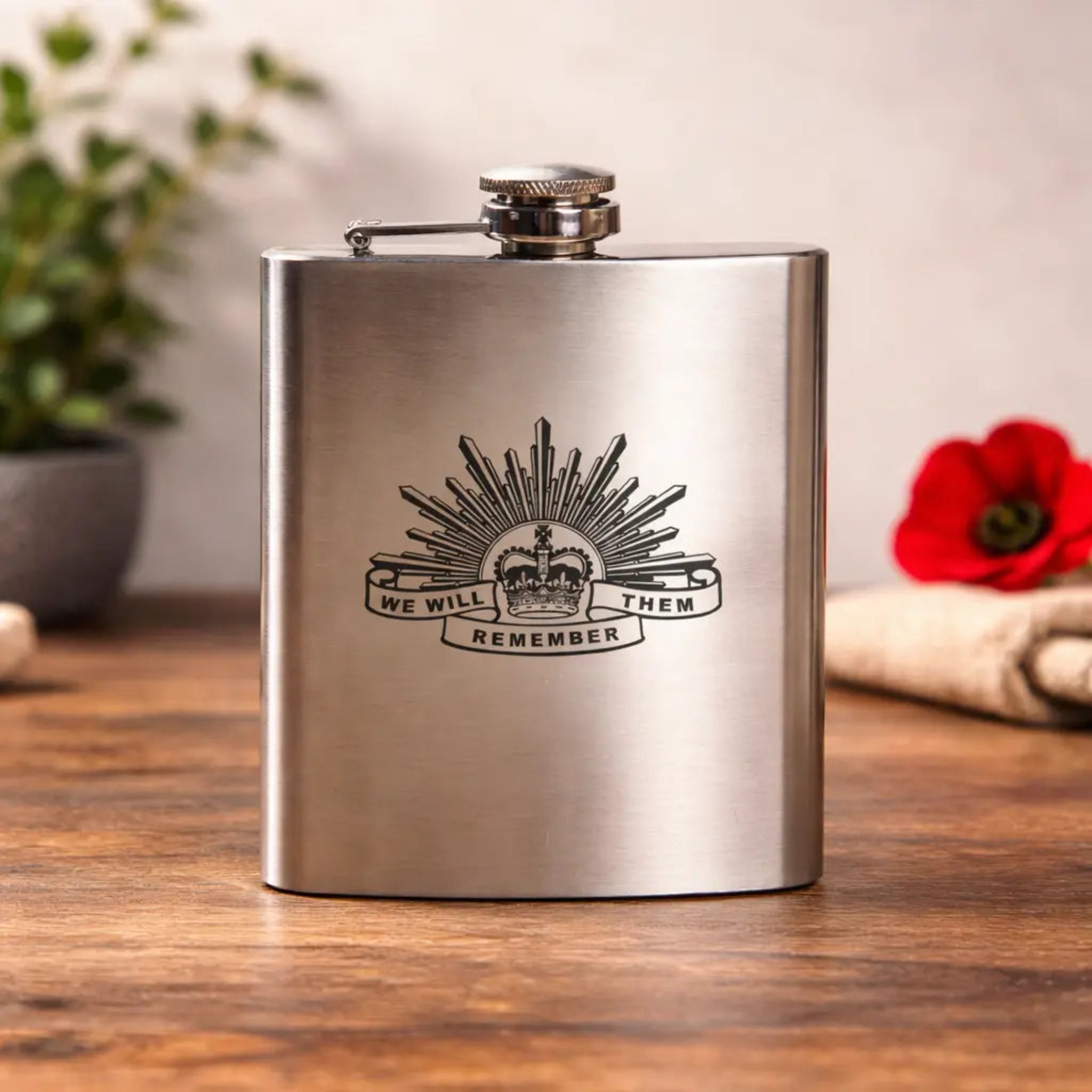 Personalised ANZAC Day Hip Flask Rising Sun Flask - Pixel Burn Custom Laser Creations