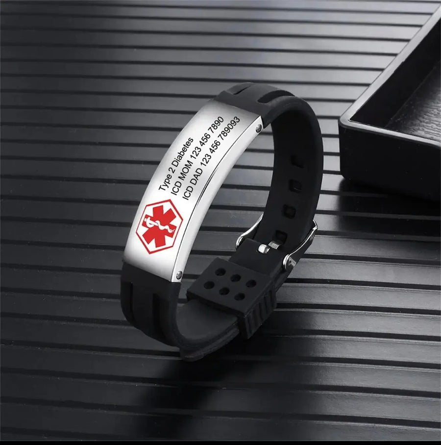 Custom Engraved Medical Alert ID Bracelet Silicone Band with Stainless - Pixel Burn Custom Laser Creations