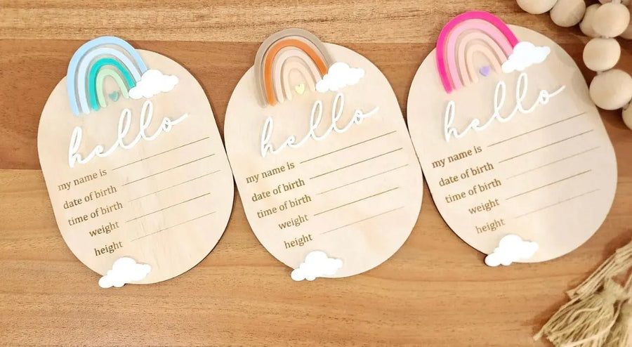 Personalised Rainbow Baby Birth Announcement Plaque - Pixel Burn Custom Laser Creations