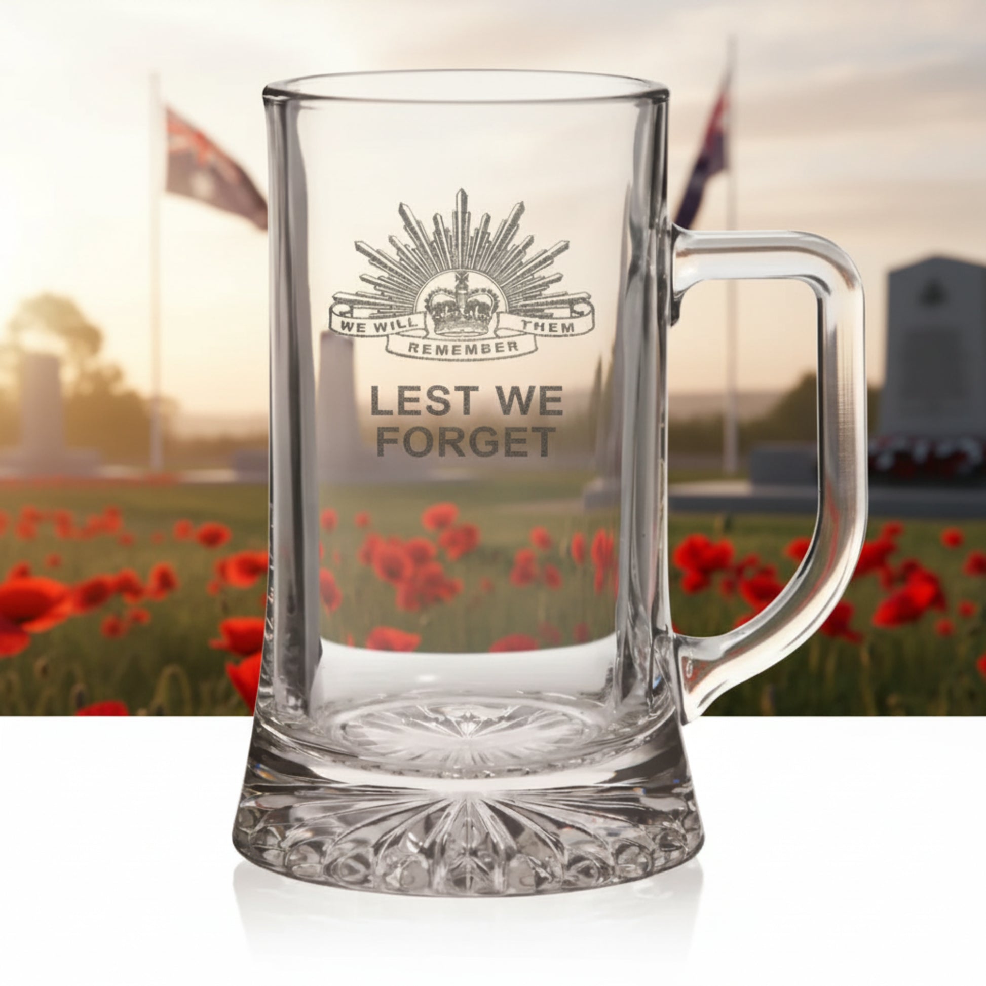 Personalised Anzac Day Lest We Forget Glass Beer Mug - Pixel Burn Custom Laser Creations