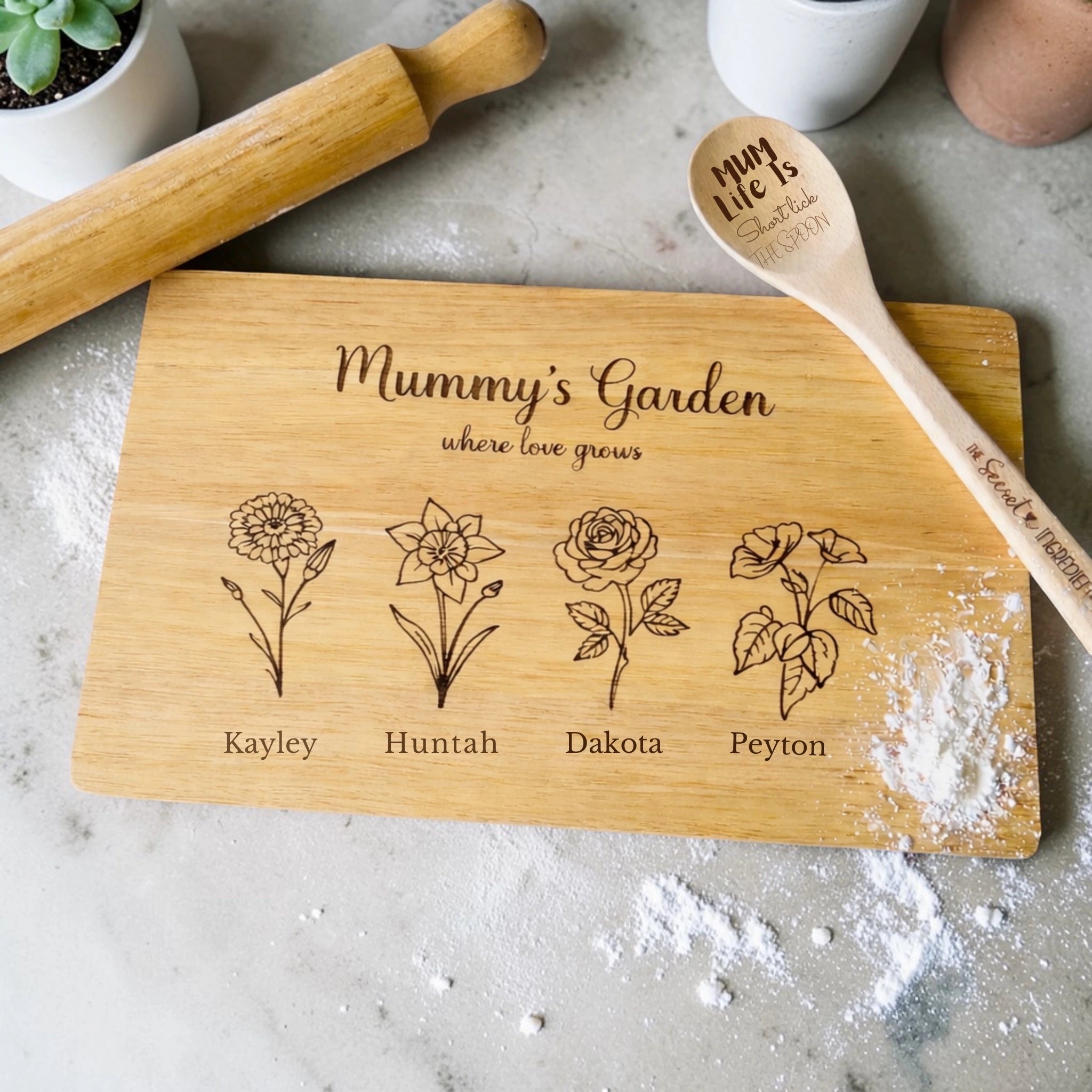 Mummy's Garden Birth Flower Personalised Cutting Board - Pixel Burn Custom Laser Creations