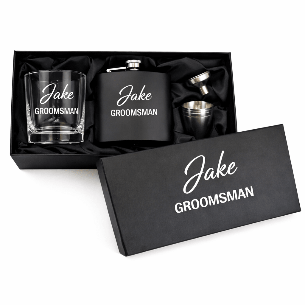 Personalised Groomsmen Flask & Whisky Glass Gift Set - Pixel Burn Custom Laser Creations