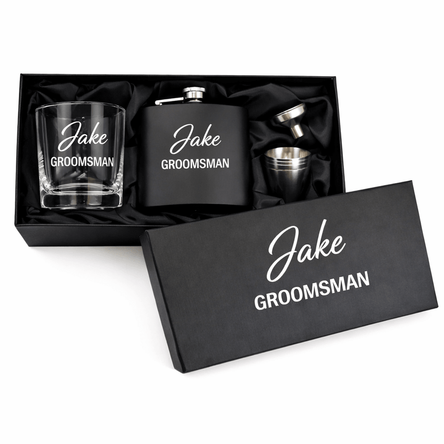Personalised Groomsmen Flask & Whisky Glass Gift Set - Pixel Burn Custom Laser Creations