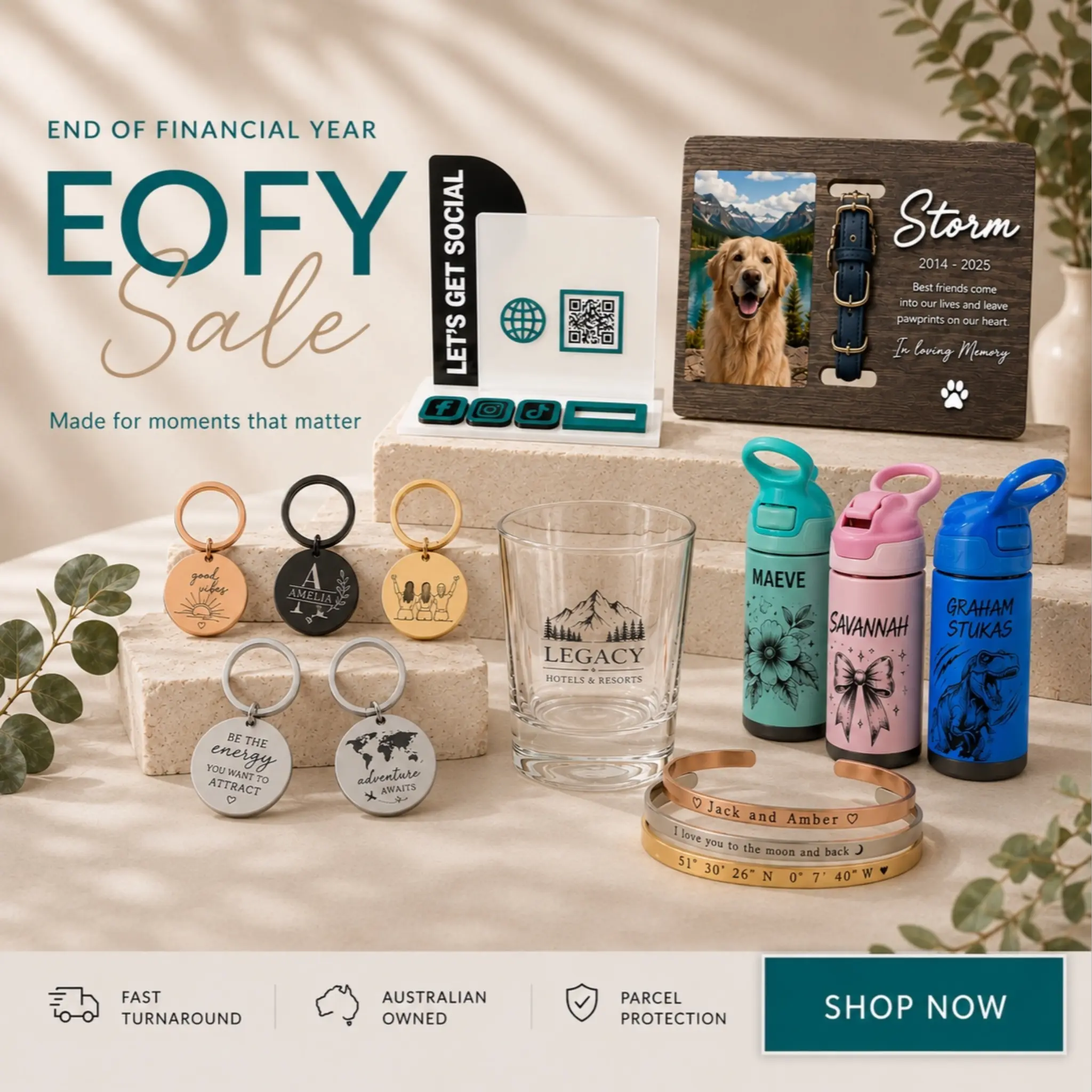 Pixel Burn EOFY PRE SALE Collection of personalised products including keychains, glasses, and photo frames with a 'Shop Now' call to action.