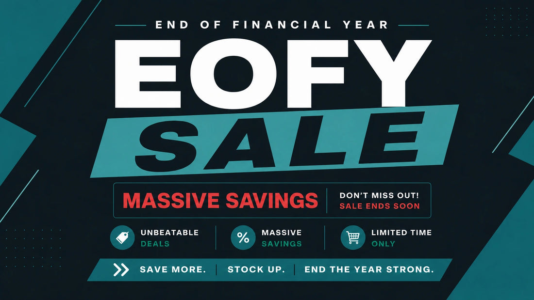 PIXEL BURN EOFY Sale promotional graphic with text and icons on a dark background