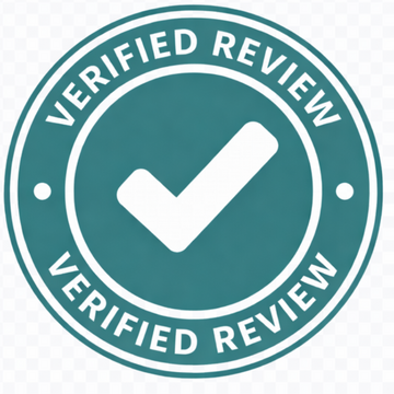 Verified review stamp with a check mark on a white background