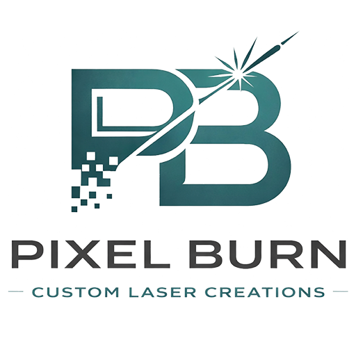Logo of Pixel Burn with a stylized 'PB' and laser effect on a white background
