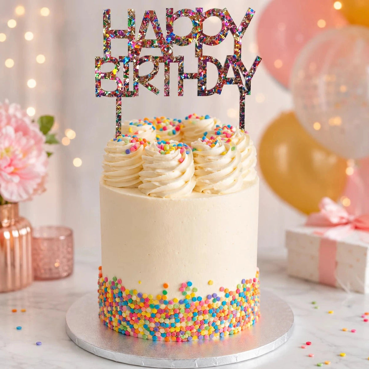 Happy Birthday Confetti Acrylic Cake Topper - Pixel Burn Custom Laser Creations
