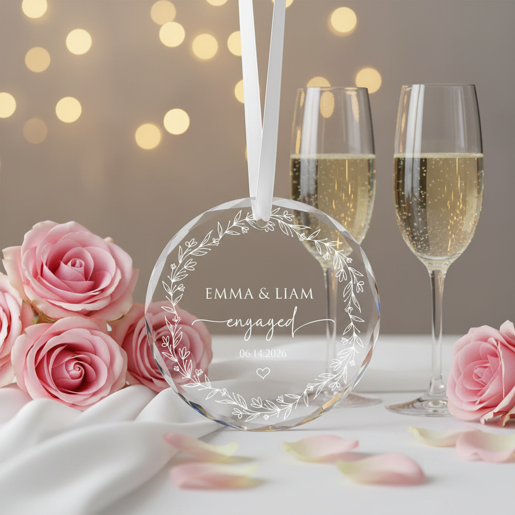 Personalised engagement ornament with custom engraved names and date on clear acrylic circle