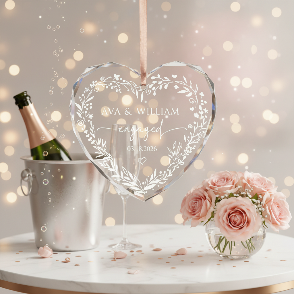 Heart shaped acrylic engagement ornament with champagne and roses