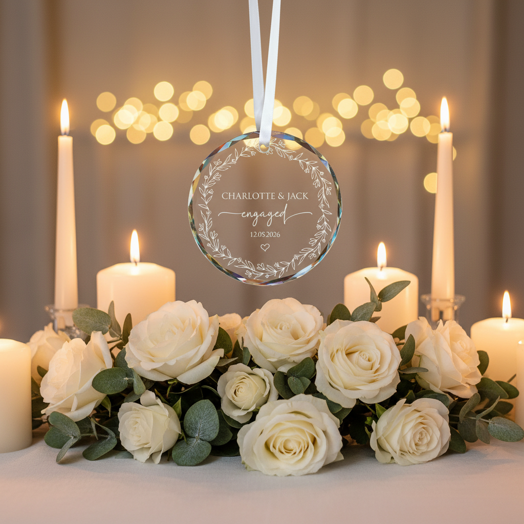 Custom engraved circular engagement ornament with romantic setting