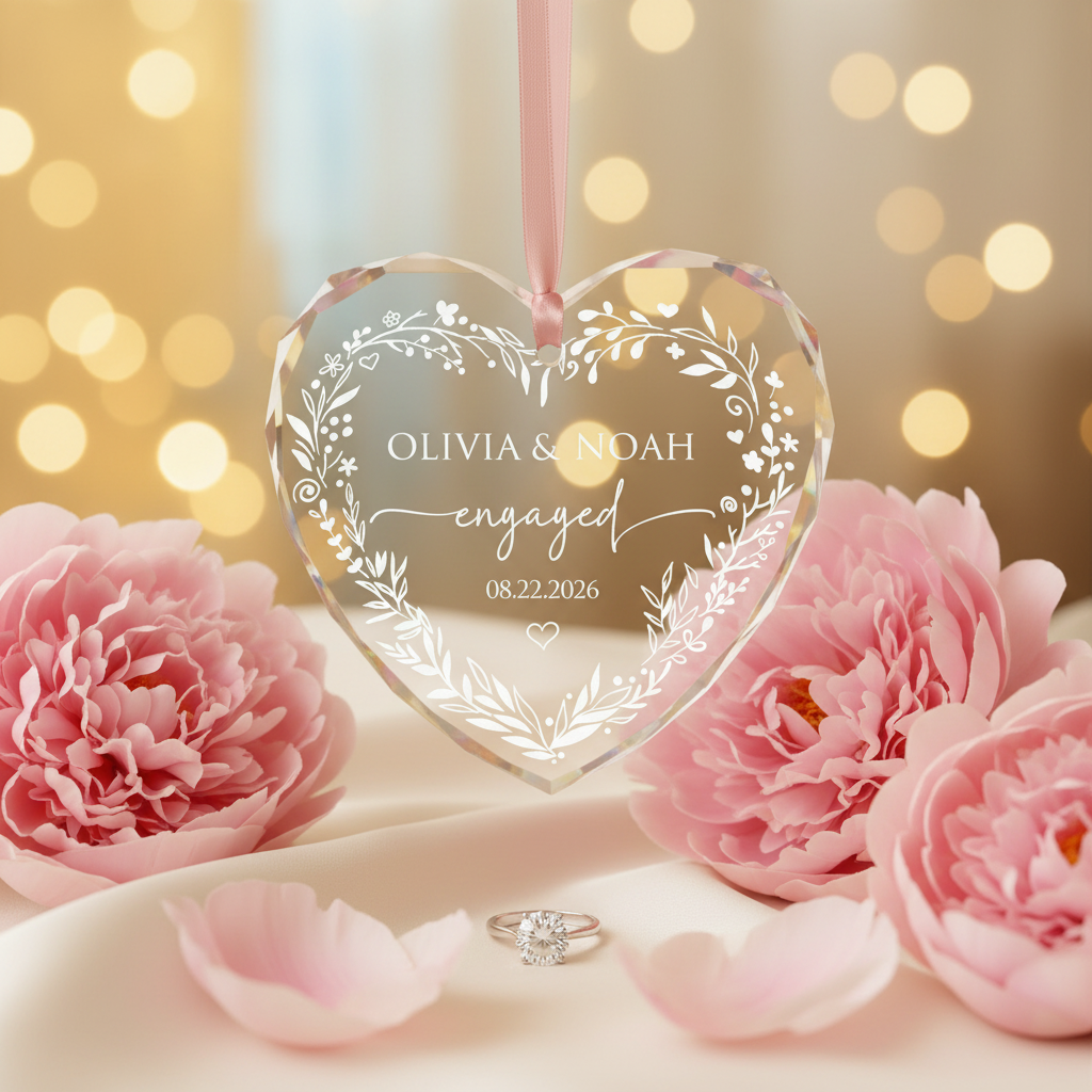 Heart-shaped personalised engagement ornament with laser engraved floral wreath