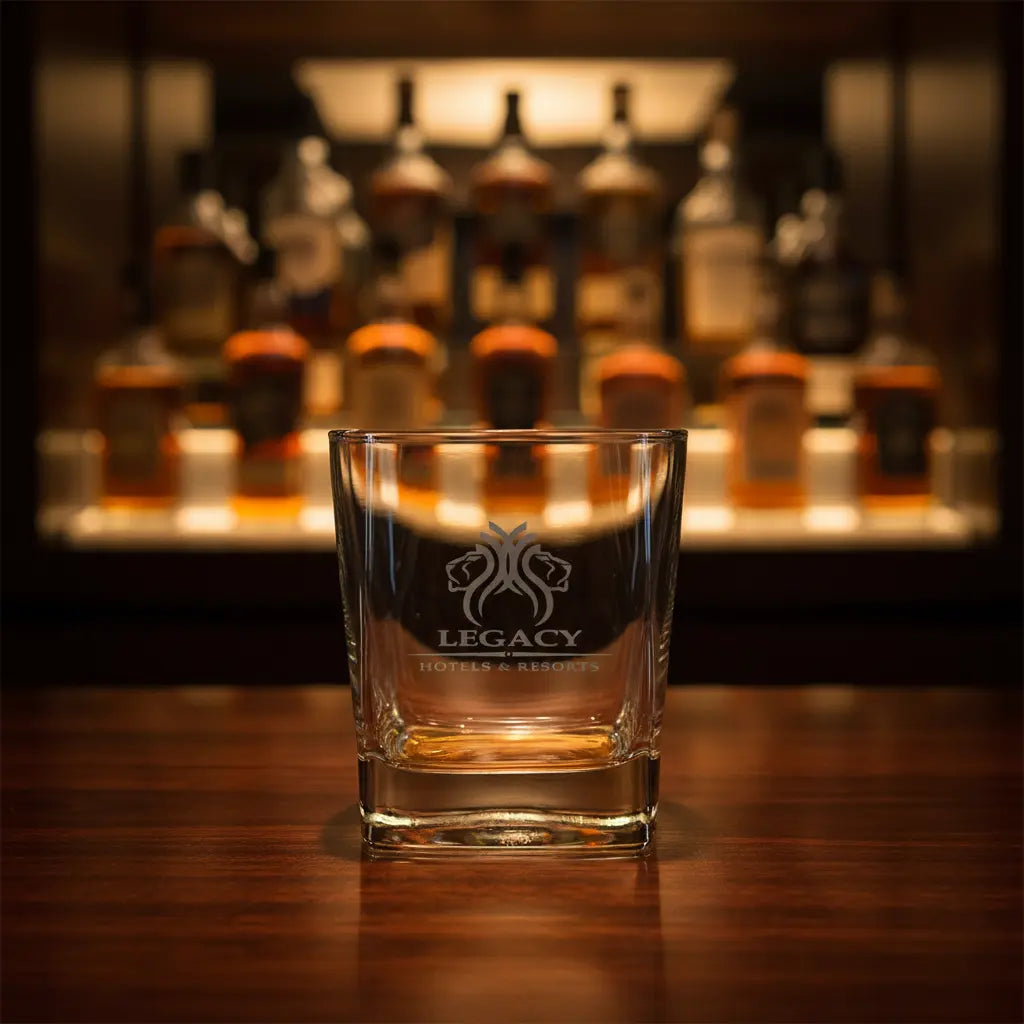Legacy whiskey glass on bar shelf