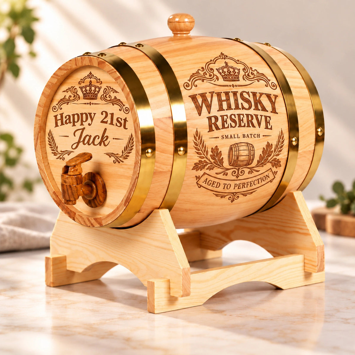 Personalised 3L Wooden Whisky Barrel with Tap & Stand - Pixel Burn Custom Laser Creations