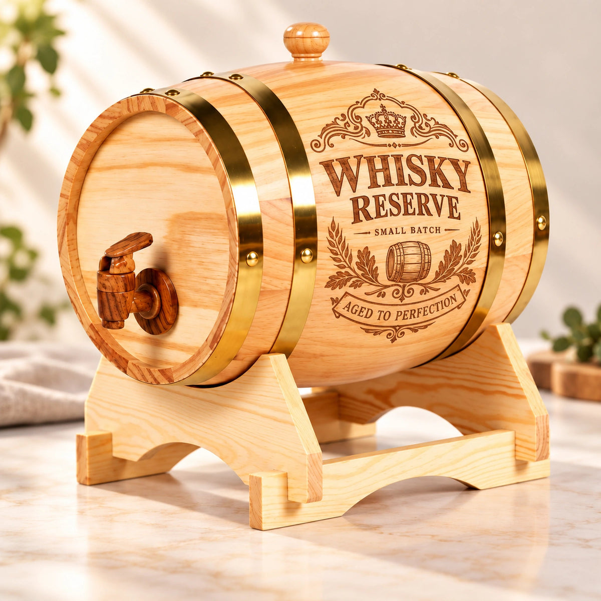 Personalised 3L Wooden Whisky Barrel with Tap & Stand - Pixel Burn Custom Laser Creations