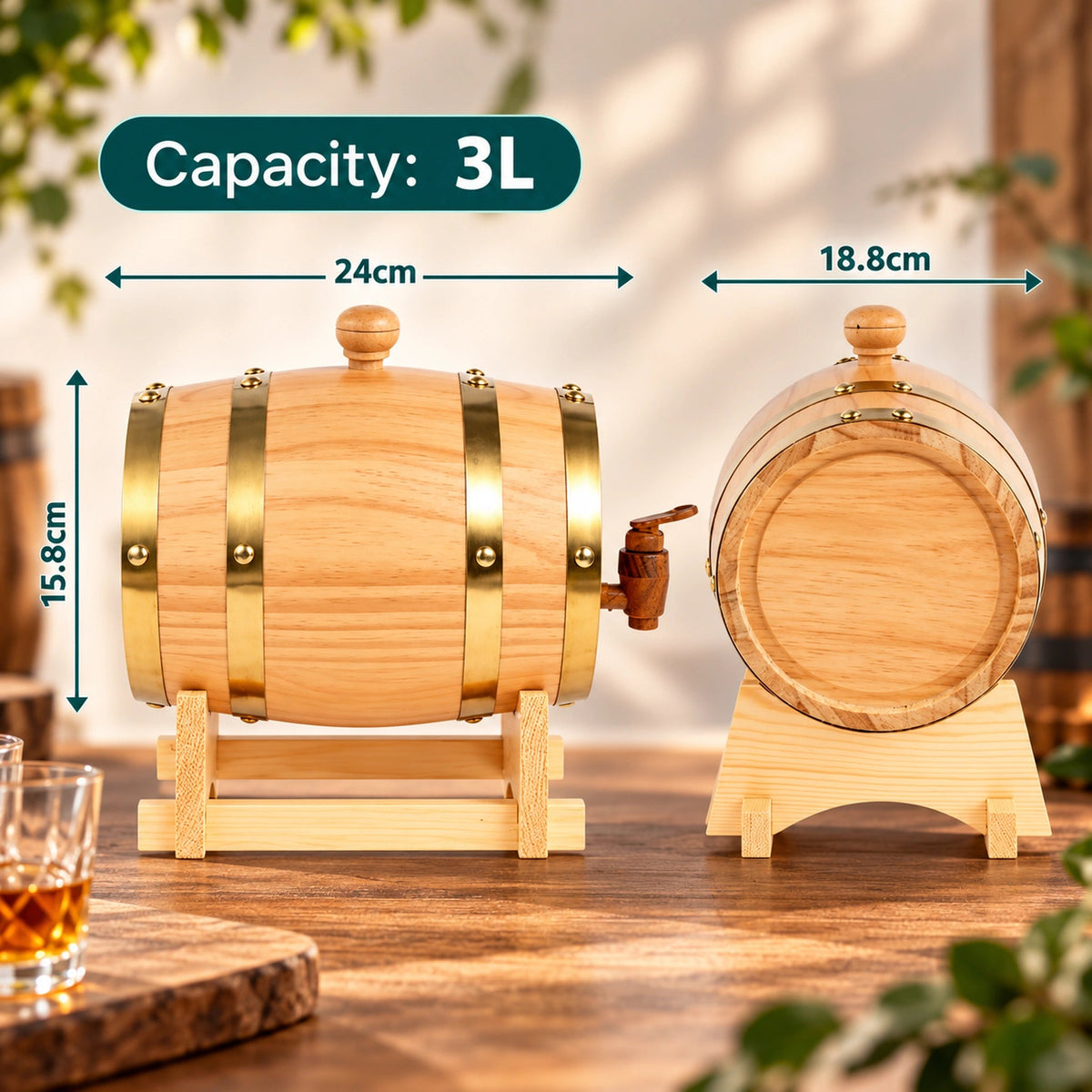 Personalised 3L Wooden Whisky Barrel with Tap & Stand - Pixel Burn Custom Laser Creations