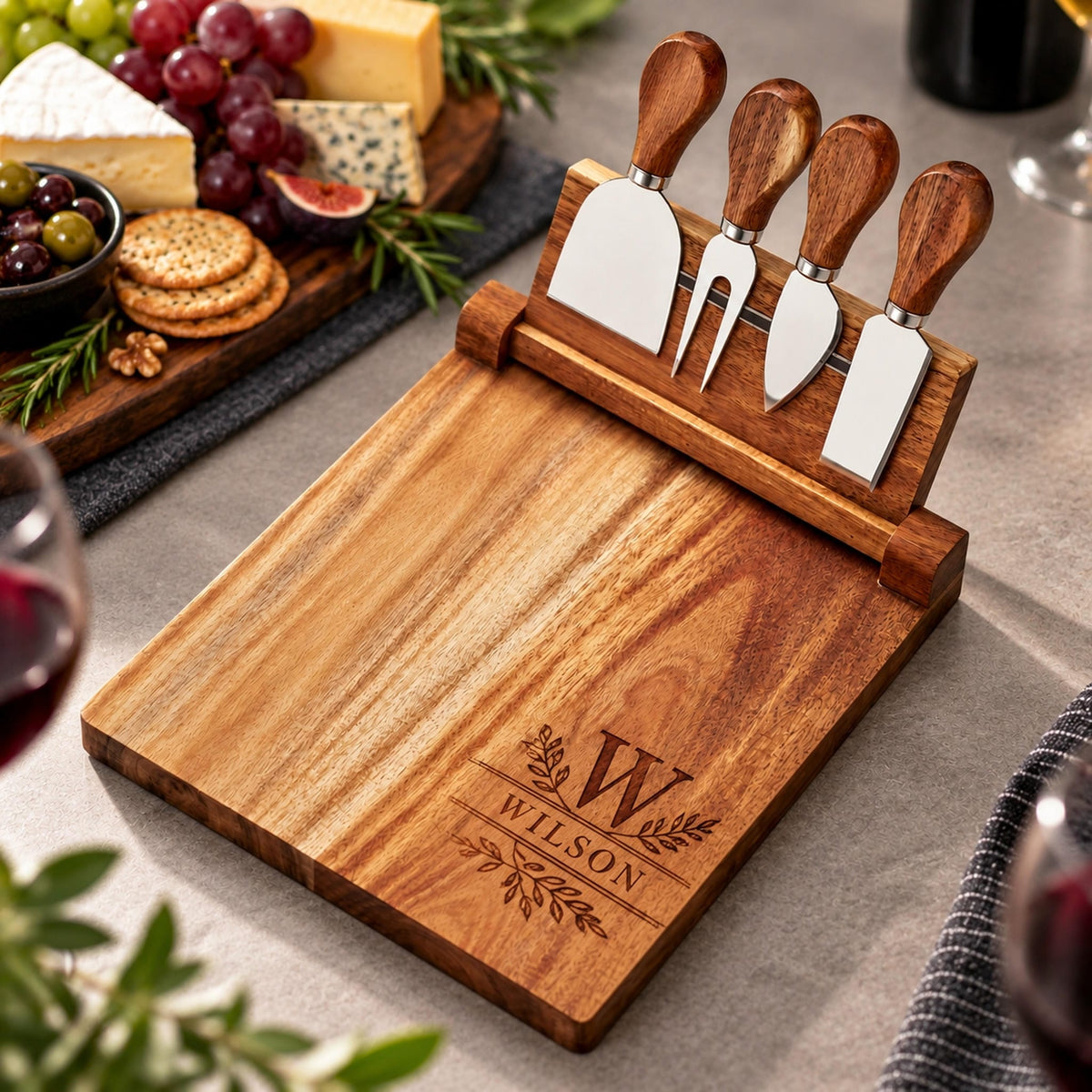 Personalised Acacia Magnetic Cheese Board & Knife Set - Pixel Burn Custom Laser Creations