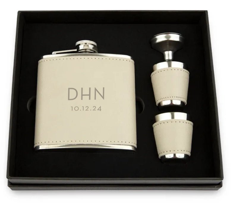 Personalised Faux Leather Hip Flask Gift Set - Pixel Burn Custom Laser Creations