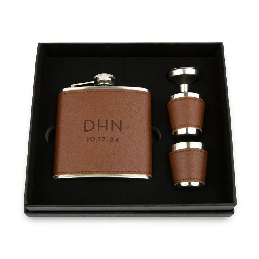 Personalised Faux Leather Hip Flask Gift Set - Pixel Burn Custom Laser Creations
