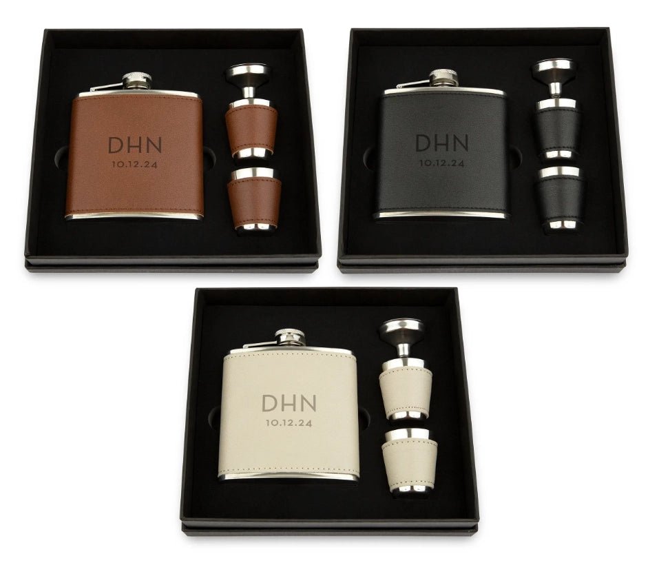 Personalised Faux Leather Hip Flask Gift Set - Pixel Burn Custom Laser Creations