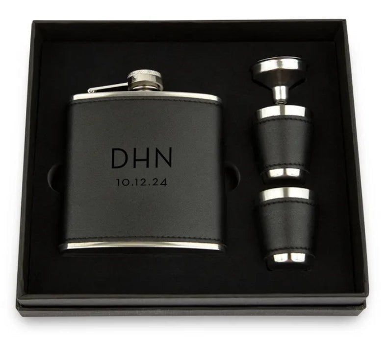 Personalised Faux Leather Hip Flask Gift Set - Pixel Burn Custom Laser Creations