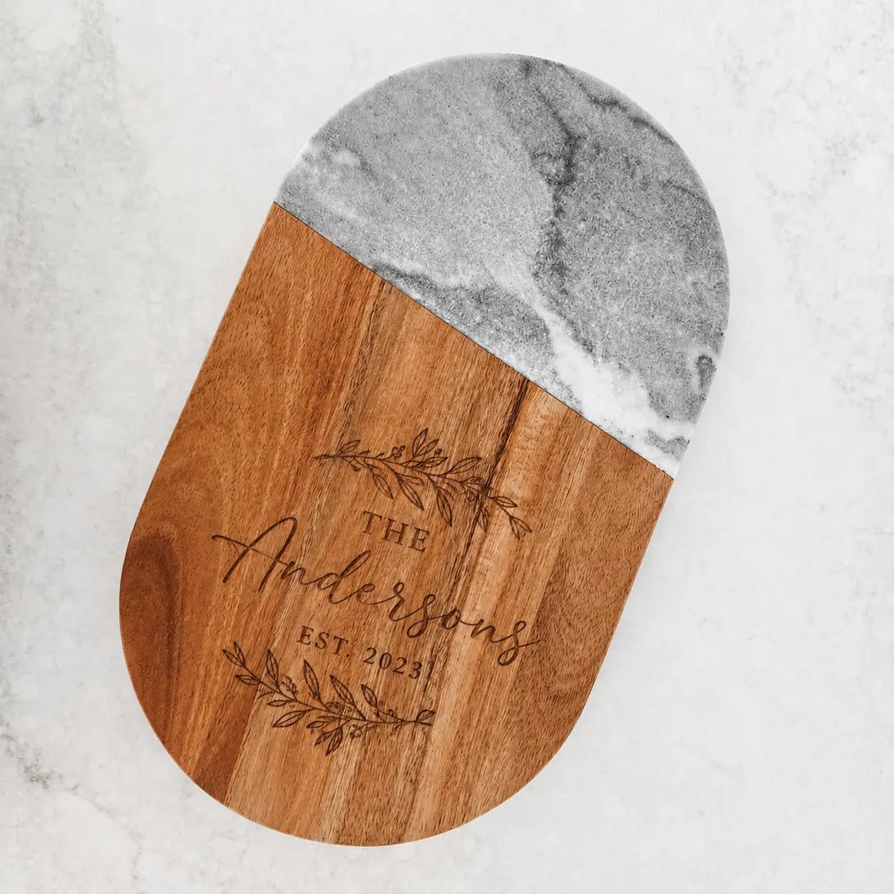 Personalised Grey Marble & Acacia Cheese Board - Pixel Burn Custom Laser Creations