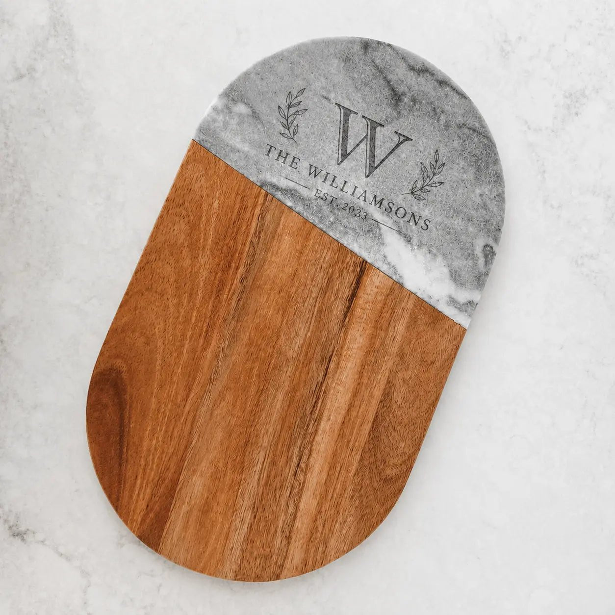 Personalised Grey Marble & Acacia Cheese Board - Pixel Burn Custom Laser Creations