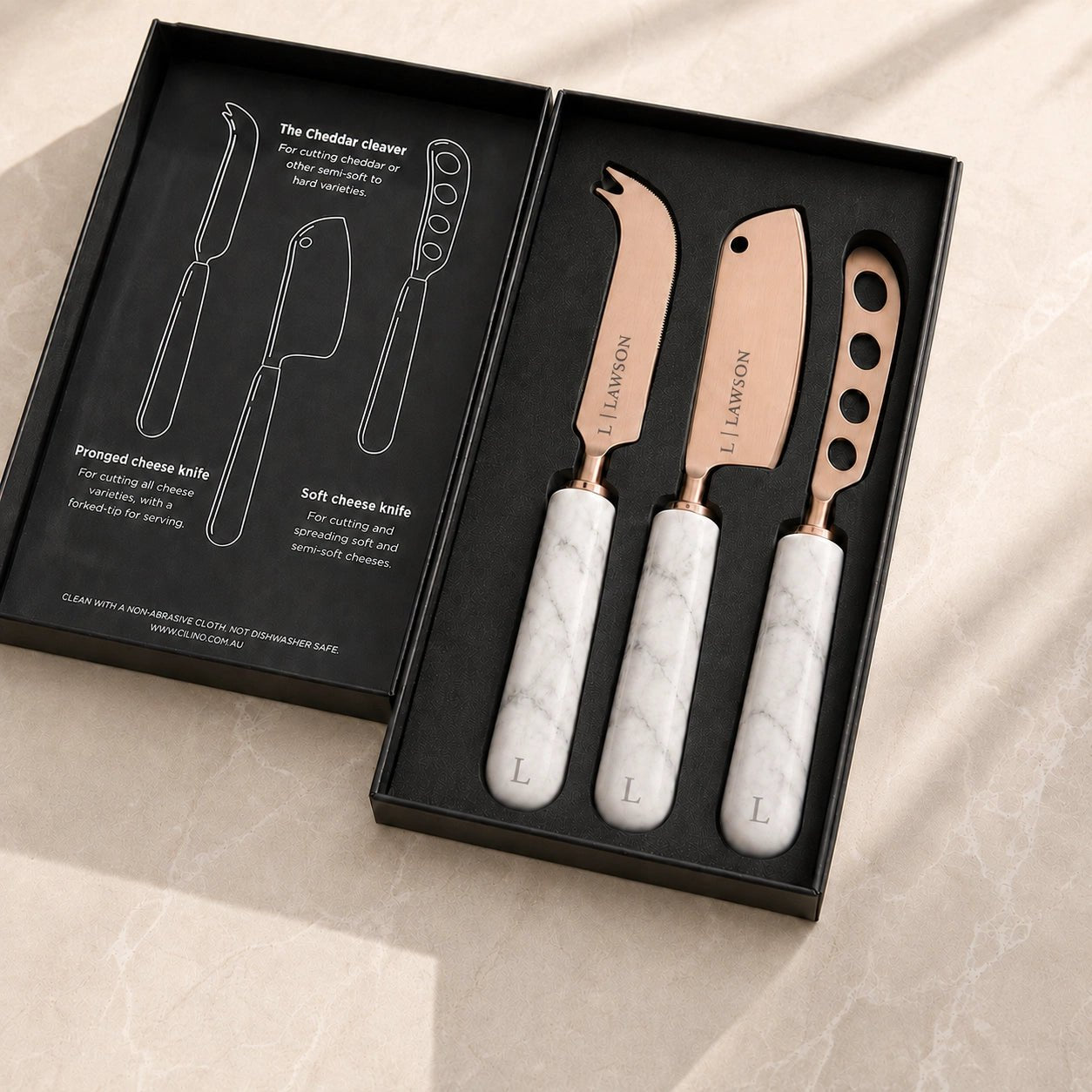 Personalised Marble & Copper Cheese Knife Set - Pixel Burn Custom Laser Creations