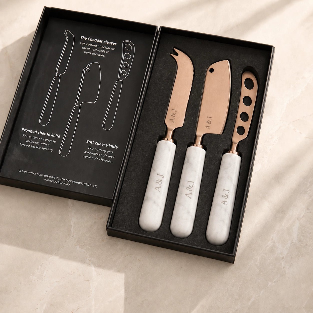 Personalised Marble & Copper Cheese Knife Set - Pixel Burn Custom Laser Creations