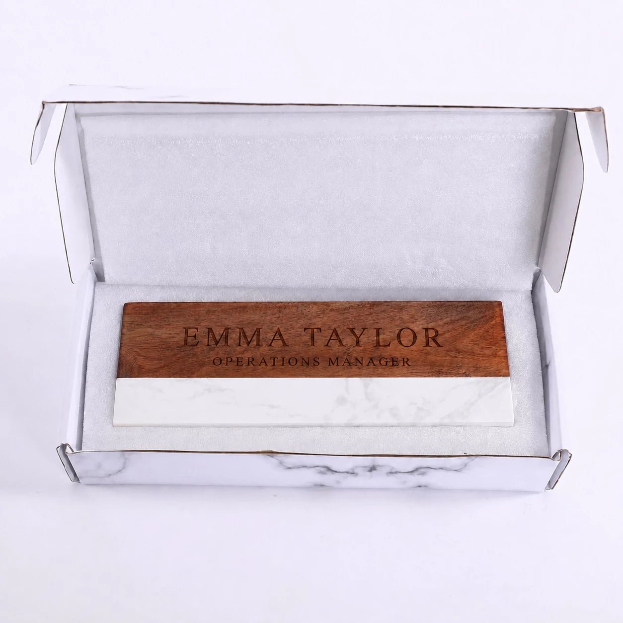 Personalised Marble & Wood Desk Name Plate - Pixel Burn Custom Laser Creations