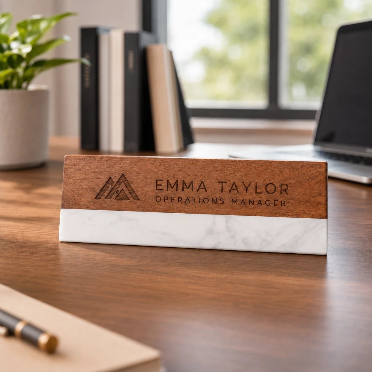 Personalised Marble & Wood Desk Name Plate - Pixel Burn Custom Laser Creations