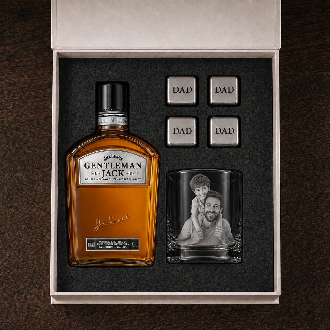 Personalised Photo Glass and Whiskey Gift Set – Gentleman Jack - Pixel Burn Custom Laser Creations