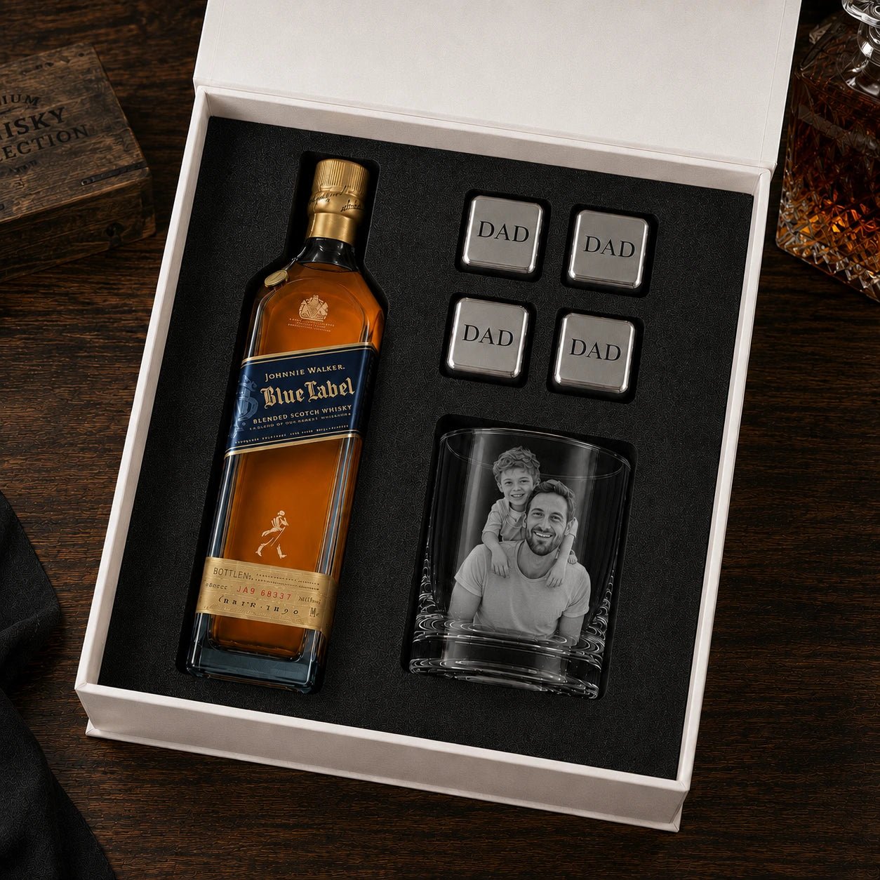 Personalised Photo Glass and Whisky Gift Set – Blue Label - Pixel Burn Custom Laser Creations