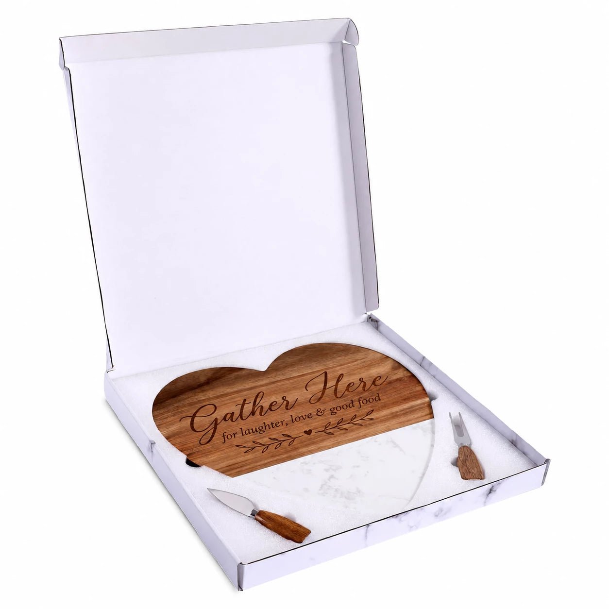 Personalised Wood & Marble Heart Cheese Board Gift Set - Pixel Burn Custom Laser Creations