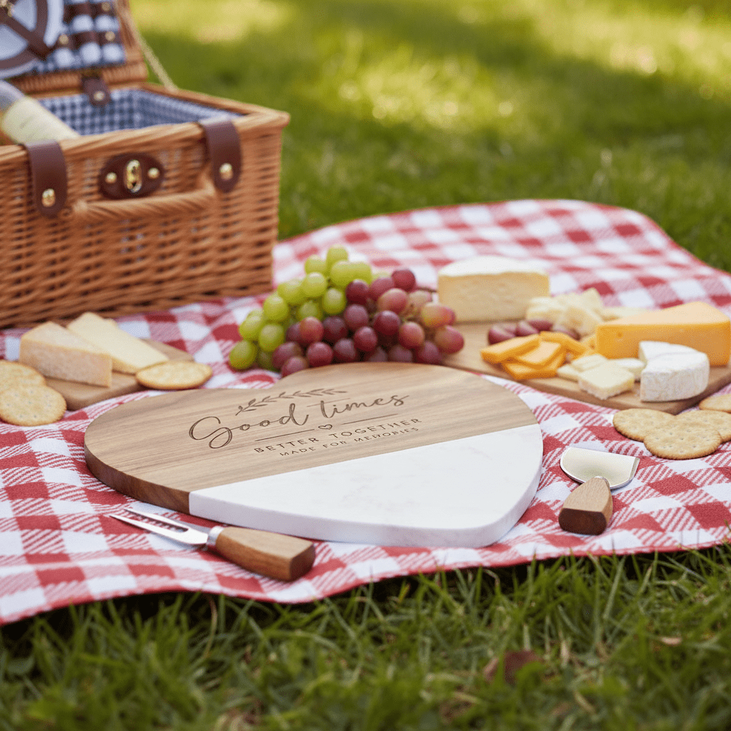 Personalised Wood & Marble Heart Cheese Board Gift Set - Pixel Burn Custom Laser Creations